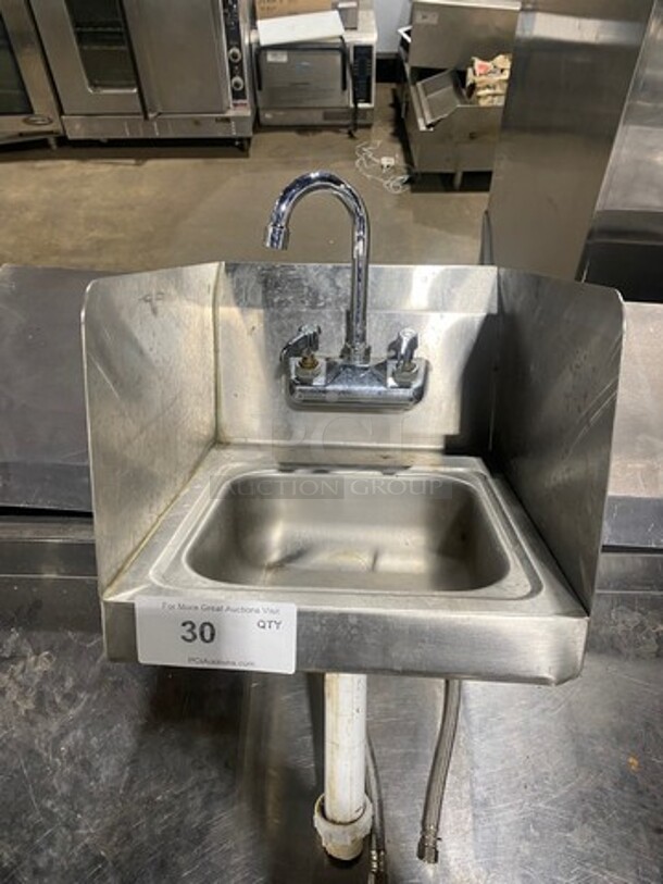 Commercial Stainless Steel Hand Sink! With Raised Back And Side Splashes! With Faucet And Handles! - Image 1 of 6