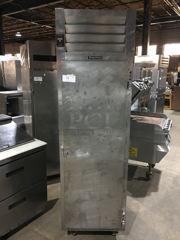 COOL! Traulsen Commercial Single Door Reach In Refrigerator! With Metal Pans! All Solid Stainless Steel! On Casters! Model: RHT132DUTFHS SN: T59068G07 115V 60HZ 1 Phase