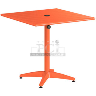 BRAND NEW SCRATCH AND DENT! Lancaster Table & Seating 427CAU3232OR 32" x 32" Orange Powder Coated Aluminum Dining Height Outdoor Table with Umbrella Hole. Stock Picture Used as Gallery Picture.
