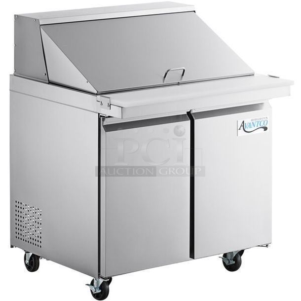 BRAND NEW SCRATCH AND DENT! 2023 Avantco 178SSPT36MHC Stainless Steel Commercial Sandwich Salad Prep Table Bain Marie Mega Top on Commercial Casters. 115 Volts, 1 Phase. Tested and Powers On But Does Not Get Cold