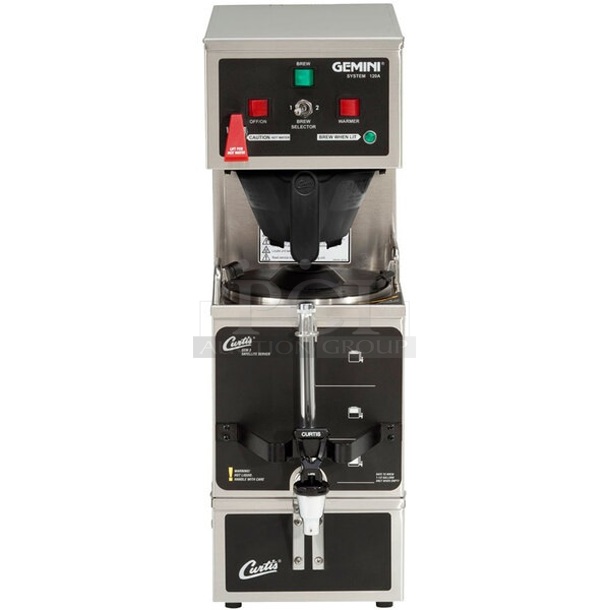 BRAND NEW SCRATCH AND DENT! Curtis GEM-120A-63 Stainless Steel Commercial Countertop Gemini Stainless Steel Analog Satellite Coffee Brewer w/ Hot Water Dispenser, Metal Brew Basket and Satellite Server. 120/220 Volts, 1 Phase. 