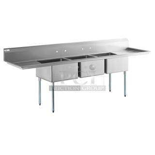 	BRAND NEW SCRATCH AND DENT! Regency 600S32323224 121" 16-Gauge Stainless Steel Three Compartment Commercial Sink with Galvanized Steel Legs and 2 Drainboards - 23" x 23" x 12" Bowls. No Legs.
