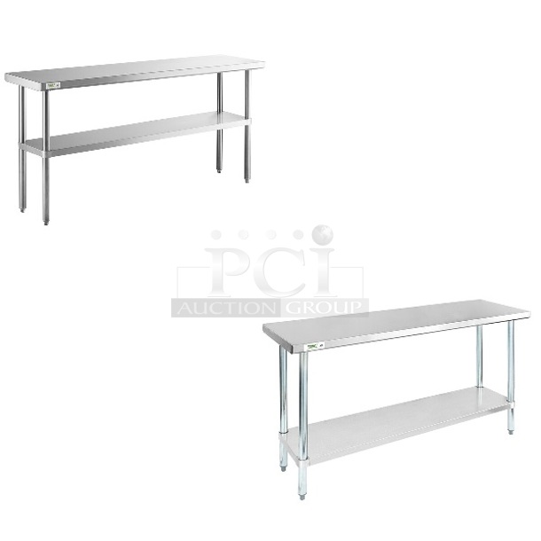 2 BRAND NEW SCRATCH AND DENT! Items; Regency 600TS1872S 18" x 72" 16-Gauge 304 Stainless Steel Commercial Work Table with Undershelf and Regency 600T1860G 8" x 60" 18-Gauge 304 Stainless Steel Commercial Work Table with Galvanized Legs and Undershelf. 2 Times Your Bid! May Be Missing Pieces.  - Image 1 of 4
