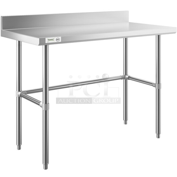 BRAND NEW SCRATCH AND DENT! Regency 600WT24X48BS 24" x 48" 16-Gauge 304 Stainless Steel Commercial Open Base Work Table with 4" Backsplash. May Be Missing Pieces.  - Image 1 of 3