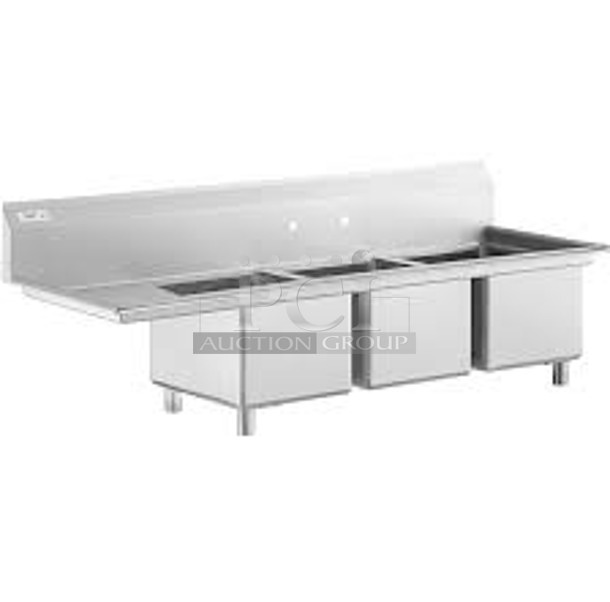 BRAND NEW SCRATCH AND DENT! Regency 600S3162018L Stainless Steel 3 Bay Sink w/ Left Side Drain Board. Bays 16x20x12. Drain Board 16.5x21.5. No Legs.  - Image 1 of 7