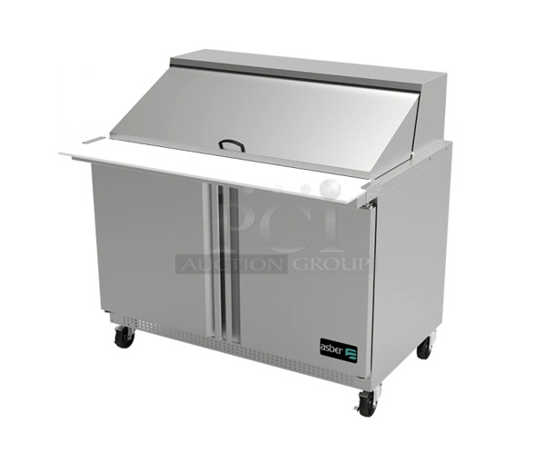 BRAND NEW SCRATCH AND DENT! 2022 Asber APTM 48 18 HC Stainless Steel Commercial Sandwich Salad Prep Table Bain Marie Mega Top w/ Poly Drop Ins on Commercial Casters. 115 Volts, 1 Phase. Tested and Working!