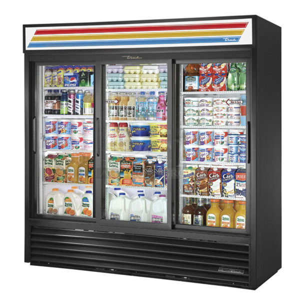 BRAND NEW SCRATCH AND DENT! 2024 True GDM-69-HC-LD Metal Commercial 3 Door Reach In Cooler Merchandiser w/ Poly Coated Racks. 115 Volts, 1 Phase. Tested and Working!