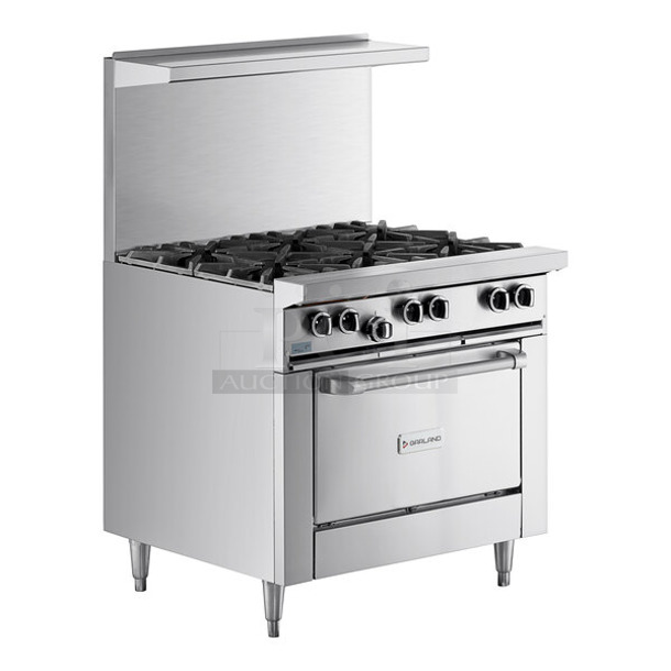 BRAND NEW SCRATCH AND DENT! 2022 Garland G36-6C Stainless Steel Commercial Propane Gas Powered 6 Burner Range w/ Convection Oven and Back Splash.