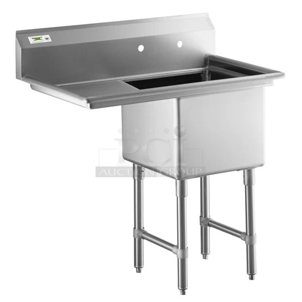 BRAND NEW SCRATCH AND DENT! Regency 600S1181818L Stainless Steel Commercial Single Bay Sink w/ Left Side Drain Board. Comes w/ 600CB18SS, 600DB35, 600LEGSS14 - Item #1114746