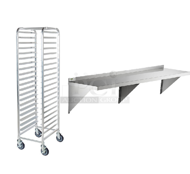 2 BRAND NEW SCRATCH AND DENT! Items; Regency 600WS1572HD 16 Gauge Stainless Steel 15" x 72" Heavy-Duty Solid Wall Shelf and 600STPR20KD 20 Pan Aluminum Steam Table Pan Rack - Unassembled. 2 Times Your Bid! May Be Missing Pieces. - Image 1 of 3