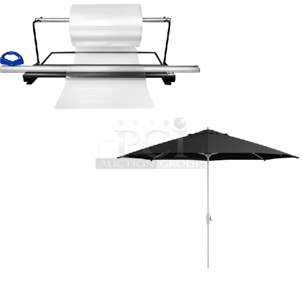 3 BRAND NEW SCRATCH AND DENT! Items; 442EP72536 Lavex 36" Poly Tubing Dispenser with Slide Cutter and 2 427UMFAR11BK Lancaster Table & Seating 11' Round Black Crank Lift Black Aluminum Umbrella. 3 Times Your Bid! - Image 1 of 4