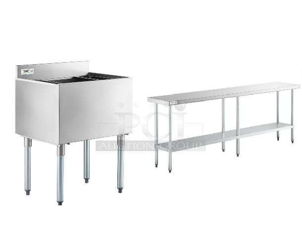2 BRAND NEW SCRATCH AND DENT! Items; Regency 600T1896G 18" x 96" 18-Gauge 304 Stainless Steel Commercial Work Table with Galvanized Legs and Undershelf and Regency 600IB1824 18" x 24" Underbar Ice Bin - 77 lb. 2 Times Your Bid! - Image 1 of 5