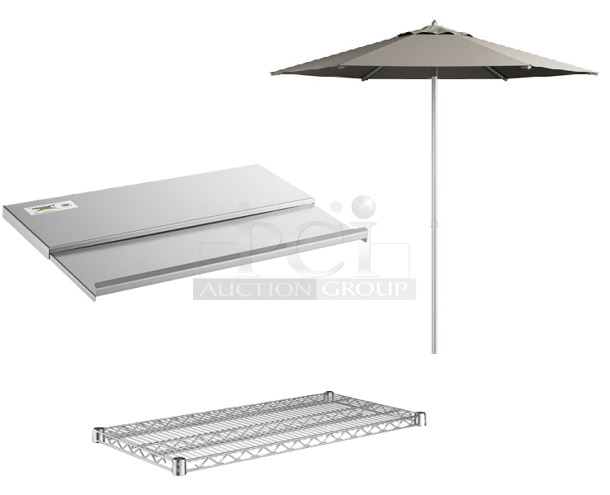 3 BRAND NEW SCRATCH AND DENT! Items; 427UMFAR75 7.5' Push Lift Silver Aluminum Umbrella, Regency 460EC1836 18" x 36" NSF Chrome Wire Shelf, Stainless Steel Ice Bin Lids. 3 Times Your Bid. May Be Missing Pieces.  - Image 1 of 5