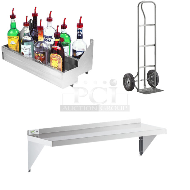 3 BRAND NEW SCRATCH AND DENT! Items; Advance Tabco SRKD-30 Heavy-Duty Stainless Steel Double Tier Speed Rail - 30", Lavex 503HDTH600GR  600 lb. Gray Hand Truck With 10" Solid Rubber Wheels and Regency 600WS1248 18 Gauge Stainless Steel 12" x 48" Solid Wall Shelf. 3 Times Your Bid! May Be Missing Pieces.  - Image 1 of 5