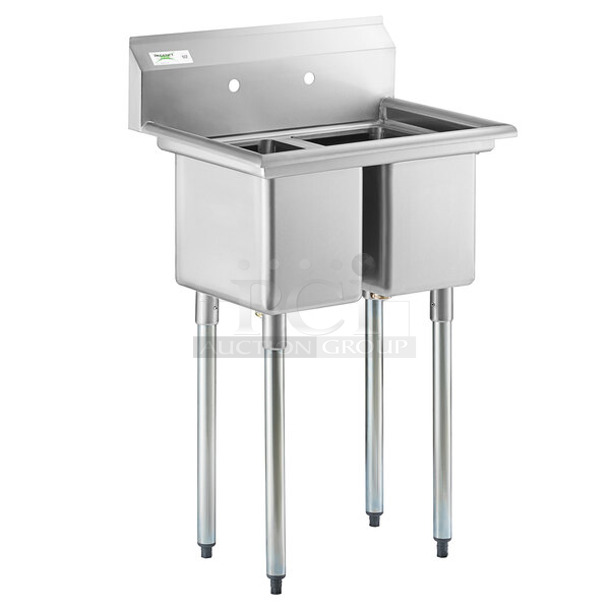 BRAND NEW SCRATCH AND DENT! Regency 600S21014 27" 16-Gauge Stainless Steel Two Compartment Commercial Sink with Galvanized Steel Legs and without Drainboard - 10" x 14" x 12" Bowls. No Legs.   - Image 1 of 6