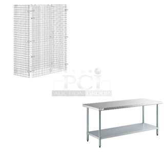 2 BRAND NEW SCRATCH AND DENT! Regency 460ECSC2436 NSF Chrome Wire Security Cage - 24" x 48" x 61" and Regency 600T3072G 30" x 72" 18-Gauge 304 Stainless Steel Commercial Work Table with Galvanized Legs and Undershelf. 2 Times Your Bid! May Be Missing Pieces. 