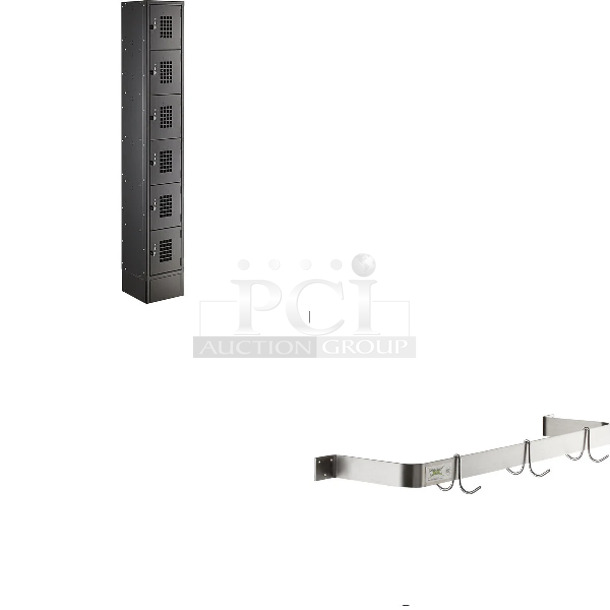 2 BRAND NEW SCRATCH AND DENT! Items Including Regency 600LC16122KK Regency Space Solutions Black 12" x 12" x 78" Single, 6 Tier Locker - Unassembled and Regency 600SLW36 36" Stainless Steel Wall Mounted Single Line Pot Rack with 3 Double Prong Hooks. 2 Times Your Bid! May Be Missing Pieces.  - Image 1 of 4