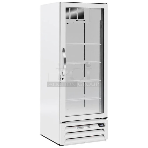 BRAND NEW SCRATCH AND DENT! Beverage Air MMF12HC-1-WS-18-IQ MarketMax 24" White Glass Door Merchandiser with Stainless Steel Interior, Left-Hinged Door, and Electronic Smart Door Lock. 115 Volts, 1 Phase. Tested and Working! - Image 1 of 10