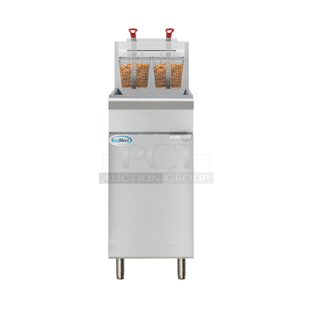 BRAND NEW SCRATCH AND DENT! 2024 KoolMore KM-FDF50-NG Stainless Steel Commercial Floor Style 50 Pound Natural Gas Powered Deep Fat Fryer. 120,000 BTU.  - Image 1 of 9