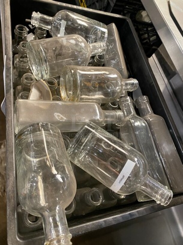 ALL ONE MONEY! Assorted Style And Size Clear Glass Bottles! For Multipurpose Use! Includes Black Poly Crate! - Image 2 of 4