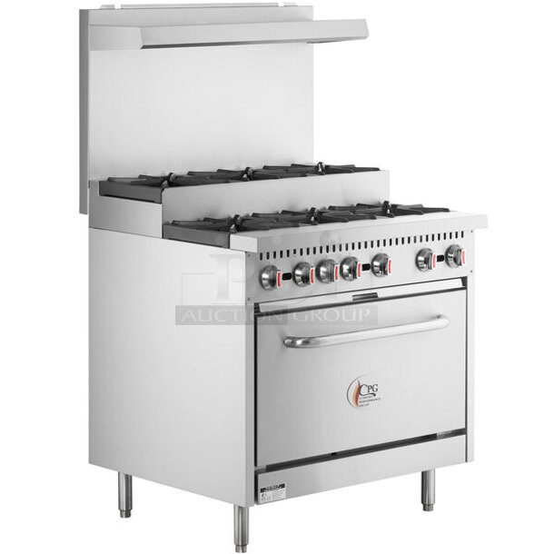 BRAND NEW SCRATCH AND DENT! Cooking Performance Group CPG 351S36SUL Stainless Steel Commercial Propane Gas Powered 2 Tier 6 Burner Range w/ Oven, Back Splash and Over Shelf. 210,000 BTU. Tested and Working!
