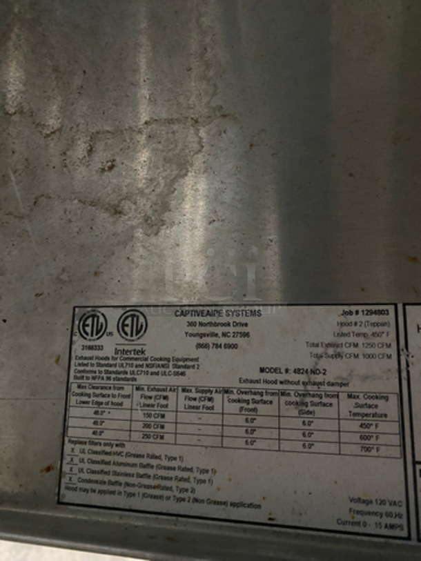 Captive Aire All Stainless Steel Grease Hood! With Filters! Model: 4824ND2 - Image 11 of 11