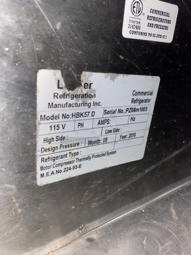 Leader Commercial 4 Door Under The Counter/ Work Top Cooler! With Poly Coated Racks! All Stainless Steel! On Casters! Model: HBK57D SN: PZ08M1003 115V 60HZ 1 Phase - Image 7 of 8