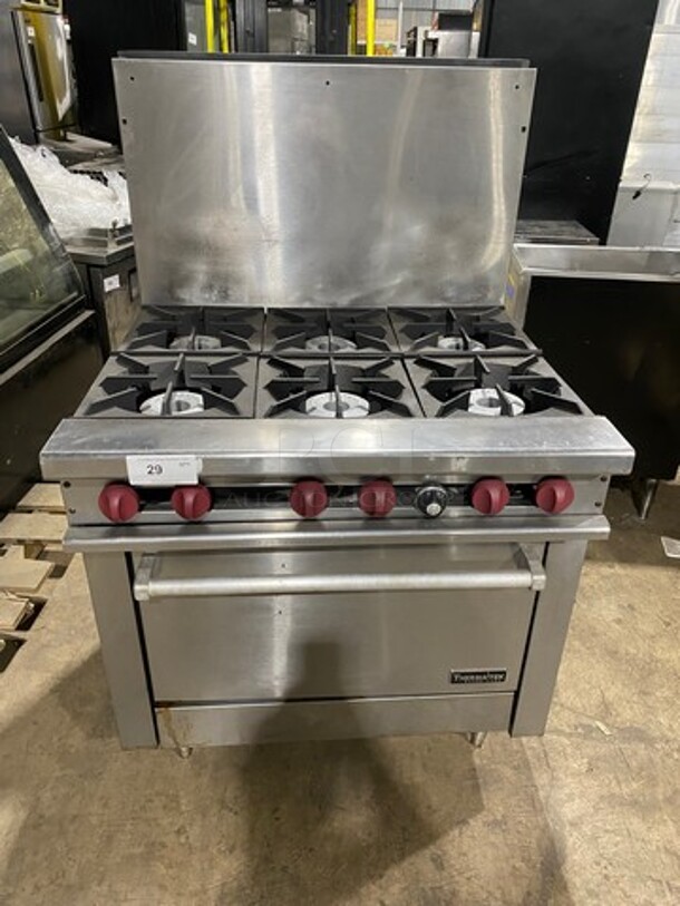 Therma Tek Commercial Natural Gas Powered 6 Burner Stove! With Raised Back Splash! With Oven Underneath! All Stainless Steel! On Legs! - Image 1 of 9
