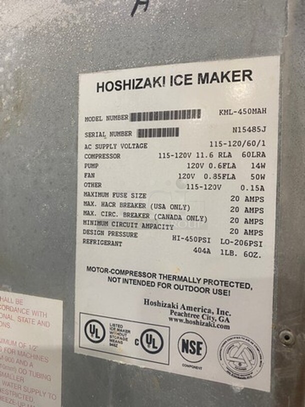 Hoshizaki Commercial Ice Maker Machine! With Commercial Ice Bin! All Stainless Steel! On Legs! Model: KML450MAH SN: N15485J 115/120V 60HZ 1 Phase - Image 5 of 8