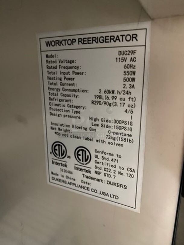 Dukers Commercial Single Door Refrigerated Lowboy/ Worktop Freezer! With Poly Coated Rack! Solid Stainless Steel! On Casters! Model: DUC29F 115V 60HZ 1 Phase - Image 6 of 7