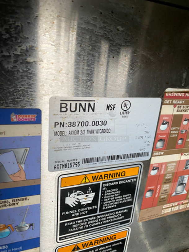 Bunn Commercial Countertop Dual Coffee Brewing Machine! With 4 Coffee Pot Warming Stations! All Stainless Steel! On Small Legs! Model: AXIOM2/2TWIN SN: AXTN015795 120/208/240V 60HZ 1 Phase - Image 8 of 9