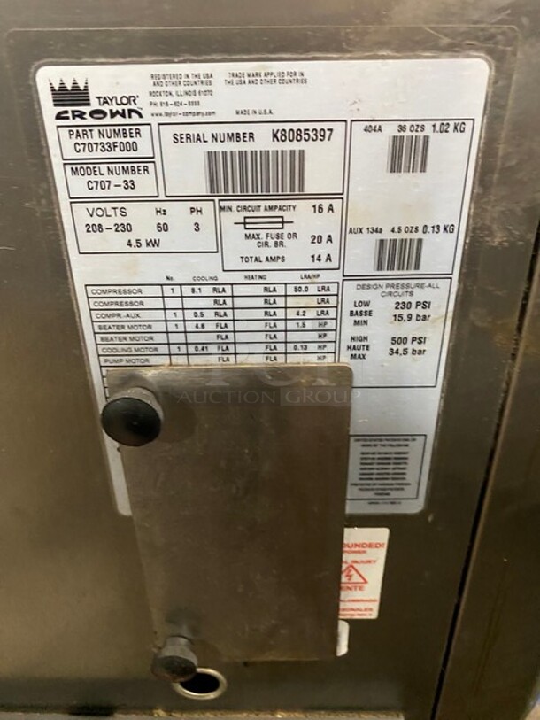 Taylor Crown Commercial Single Flavor Ice Cream Machine! All Stainless Steel! Model: C70733 SN: K8085397 208/230V 60HZ 3 Phase - Image 9 of 9