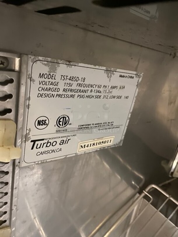 Turbo Air Commercial Refrigerated Sandwich Prep Table! With Commercial Cutting Board! With 2 Door Storage Space Underneath! All Stainless Steel! On Casters! Model: TST48SD18 SN: M418105011 115V 60HZ 1 Phase - Image 6 of 9