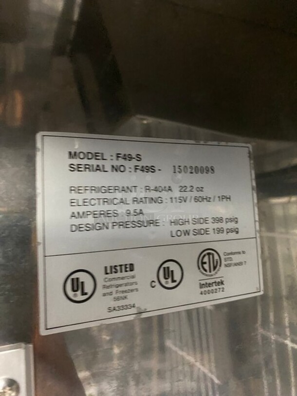 Master Bilt Commercial 2 Door Reach In Refrigerator! With Poly Coated Racks! All Stainless Steel! On Casters! MODEL F49S SN: 15020098 115V 1PH  - Image 8 of 10