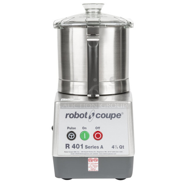 BRAND NEW SCRATCH AND DENT! Robot Coupe R 401 Series A Stainless Steel Commercial Countertop Food Processor w/ Bowl, Lid and S Blade. 120 Volts, 1 Phase. Tested and Working!