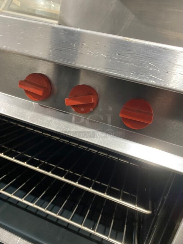 Vulcan Commercial French Top/ Hot Plate Stove! With Raised Back Splash With Double Overhead Shelf! With Oven Underneath! All Stainless Steel! On Legs! MODEL GH30 SN:481609310 - Image 8 of 11