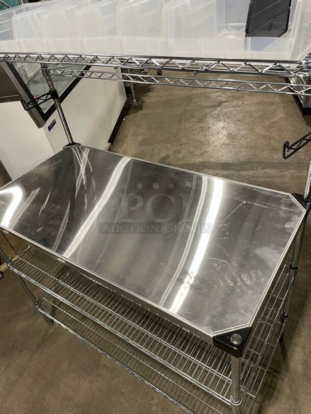 NEW & PERFECT! Metro Commercial Stainless Steel Out Going Station! With 2 Chrome Wire Over Shelves & 2 Full Sized Chrome Wire Under Shelves! With Plastic Storage Bins! On Legs!  - Image 5 of 8