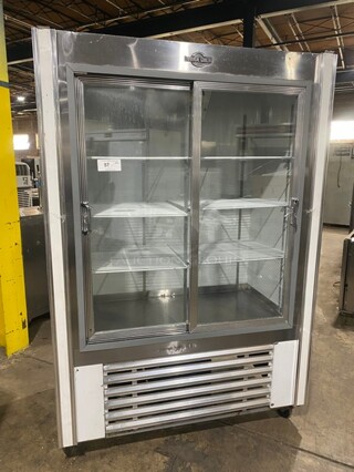GREAT! Universal Coolers Commercial Double Sliding Glass Door Refrigerator/Merchandiser! With Poly Coated Racks! On Casters! 115V 1 Phase! Model: C13AG SN: D08E01616!