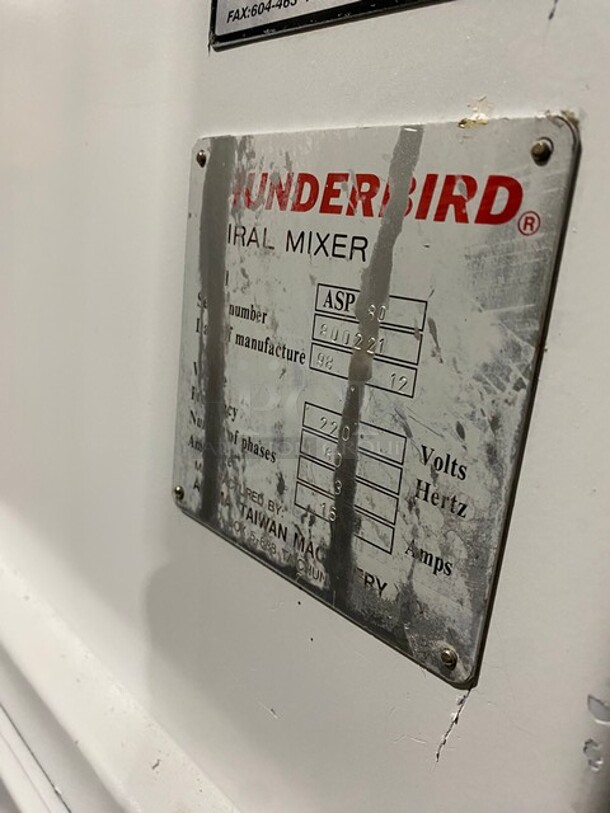 Nice! Thunderbird ASP-80 Metal Commercial Spiral Mixer w/ Stainless Steel Mixing Bowl and Dough Hook Attachment. 220 Volts, 3 Phase. - Image 7 of 8