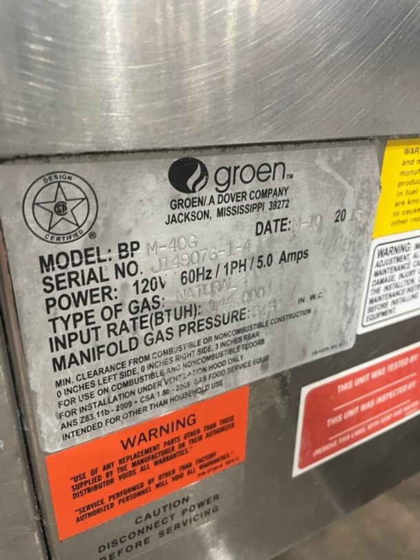 WOW! Groen Natural Gas Powered ECLIPSE SERIES Tilted Braising Pan/Tilt Skillet! All Stainless Steel! Thermostatic Controlled! On Legs! Model: BPM-40G SN: J149076-1-4! Working When Removed!  - Image 7 of 8