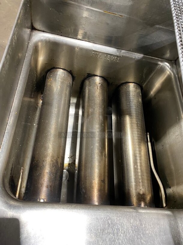 Keating Stainless Steel Commercial Natural Gas Powered Floor Style Instant Recovery Fryer w/ 2 Metal Fry Baskets! MODEL BBHIFM14 SN:R76601B 115V 1PH - Image 6 of 11