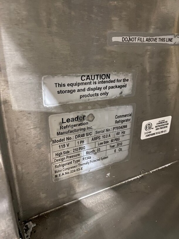 Leader Commercial Refrigerated Pizza Prep Table! With 2 Door Underneath Storage Space! All Stainless Steel! With Commercial Cutting Board! Model DR48SC Serial PT034266! 115V 1Phase! On Casters! - Image 8 of 10