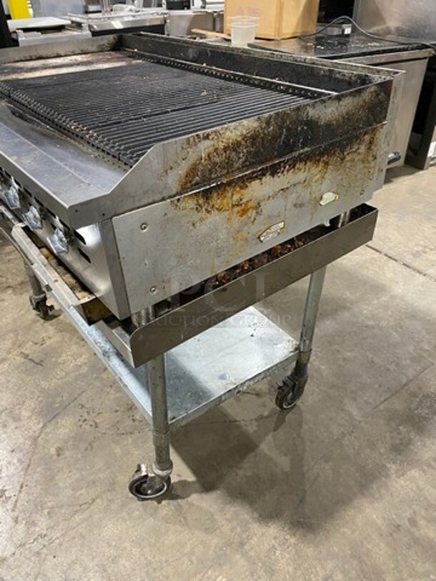 LATE MODEL! Bakers Pride Commercial Natural Gas Powered Char Broiler Grill! On Equipment Stand! With Storage Space Underneath! All Stainless Steel! On Casters! WORKING WHEN REMOVED! - Image 3 of 8