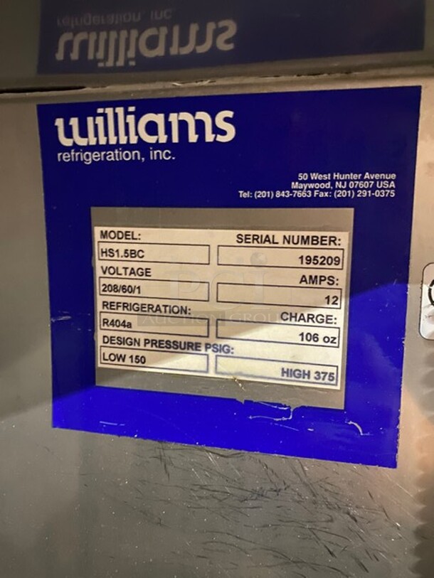Williams Floor Style Stainless Steel Blast Chiller! On Commercial Casters! MODEL HS15BC SN:195209 208V 1PH - Image 7 of 11