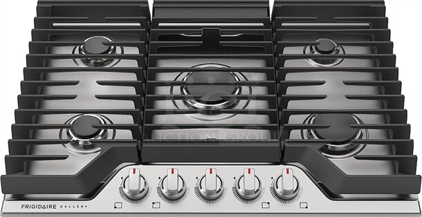 BRAND NEW SCRATCH AND DENT! Frigidaire Electrolux GCCG3048AS Stainless Steel Drop In 36" Gas Powered 5 Burner Cooktop Range. Stock Picture Used For Gallery Picture. - Image 1 of 8