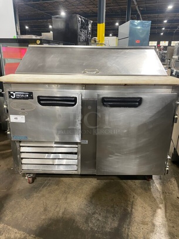 LATE MODEL! 2018 Leader Commercial Refrigerated Mega Top Sandwich Prep Table! With Commercial Cutting Board! With 2 Door Storage Space Underneath! All Stainless Steel! On Casters! Model: LM48S/C SN: GB02M1312B 115V 60HZ 1 Phase