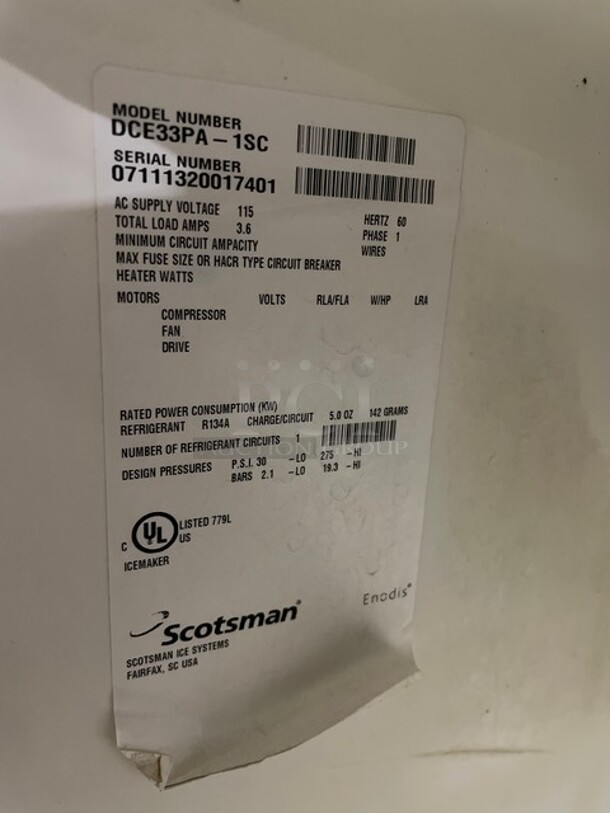 Scotsman Undercounter Ice Machine! MODEL DCE33PA-1SC SN: 071113200174401 115V 1PH  - Image 6 of 8