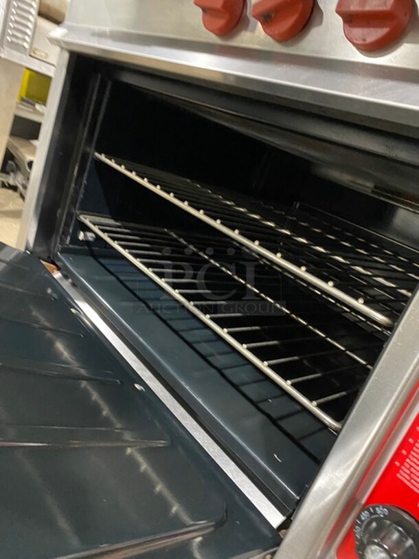 Vulcan Commercial French Top/ Hot Plate Stove! With Raised Back Splash With Double Overhead Shelf! With Oven Underneath! All Stainless Steel! On Legs! - Image 8 of 11
