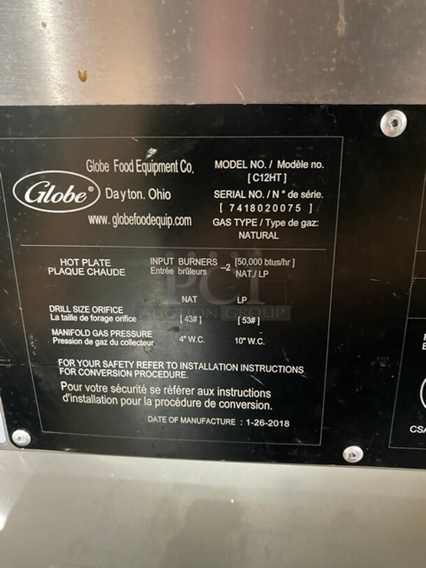 Globe Chefmate Stainless Steel 12" Natural Gas Powered Hotplate 2 Burners! MODEL C12HT SN: 7418020075  - Image 8 of 9
