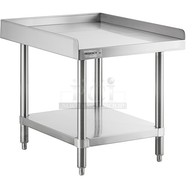 BRAND NEW SCRATCH & DENT! Regency 600ESS3024S Spec Line 30" x 24" 14-Gauge Stainless Steel Equipment Stand With Stainless Steel Undershelf. Packaging is damaged. May be missing screws/small pieces.  - Image 1 of 3